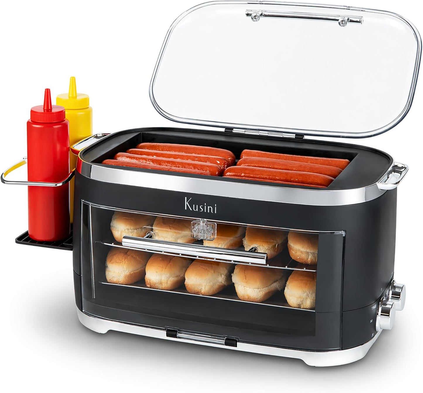 Kusini Hot Dog Roller Grill & Toaster Oven - Holds 8 Hot Dogs & 8 Buns, keep warm Option & Condiment Holder - Kitchen Appliance Hot Dog Cooker Machine - Hosting Party Essential, Unique Gifts Idea