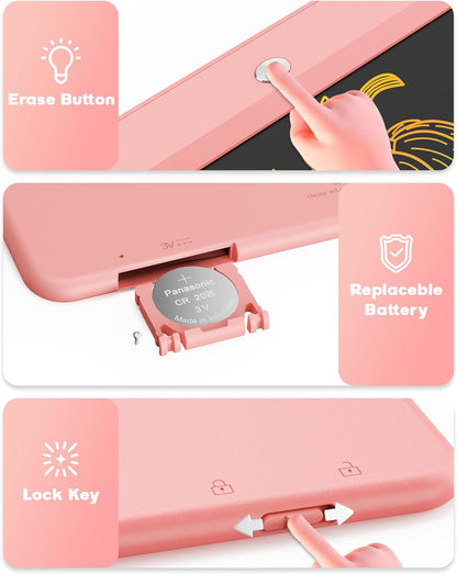 bravokids 10-Inch LCD Writing Tablet for Kids Ages 3-8, Electronic Doodle Board with Colorful Screen, Erasable Drawing Pad, Stylus, Anti-Shock Design, Pink