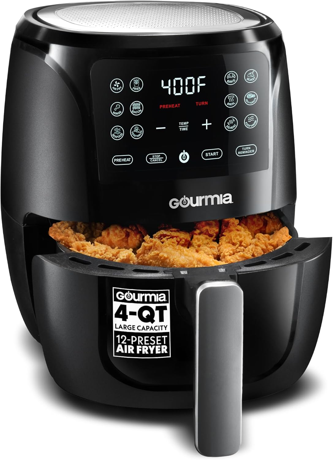 Gourmia Air Fryer - 4 Qt Basket Capacity, 12 Cooking Presets, Black Digital Display, Touch Controls, 90–400°F Adjustable Temperature, Dishwasher-Safe Basket & Crisper Tray