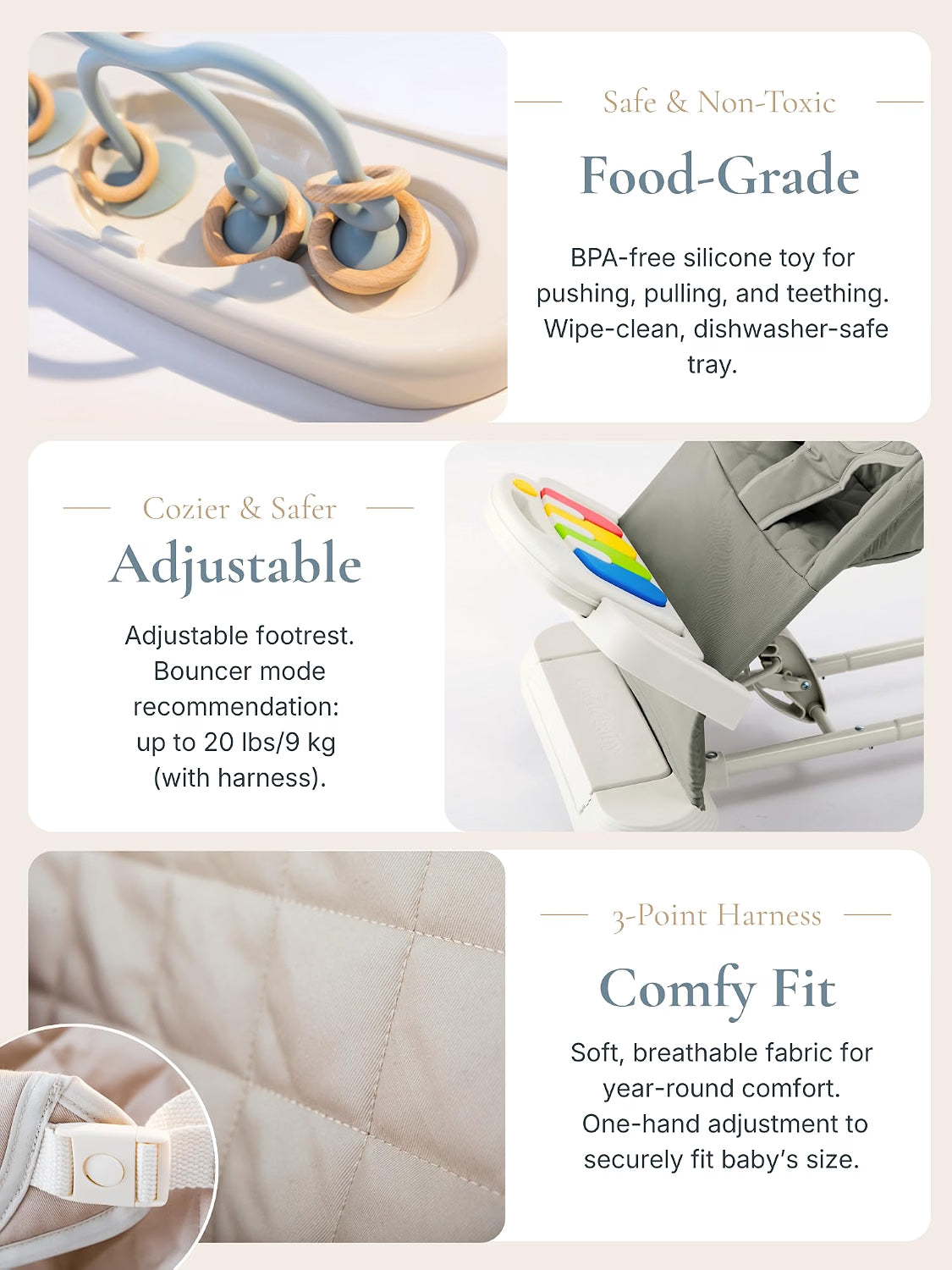 Cuddo Baby 4-in-1 Montessori Baby Bouncer, Sensory Play Center with Piano, Tray, Rattle Socks & Teether, Foldable Baby Activity Seat with Wheels, Khaki