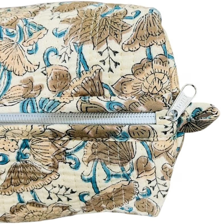 HyperionFlo Essentials 3-Piece Floral Quilted Cotton Travel Cosmetic Pouch Set, Handblock Printed Organizers with Zipper Closure, Color #2