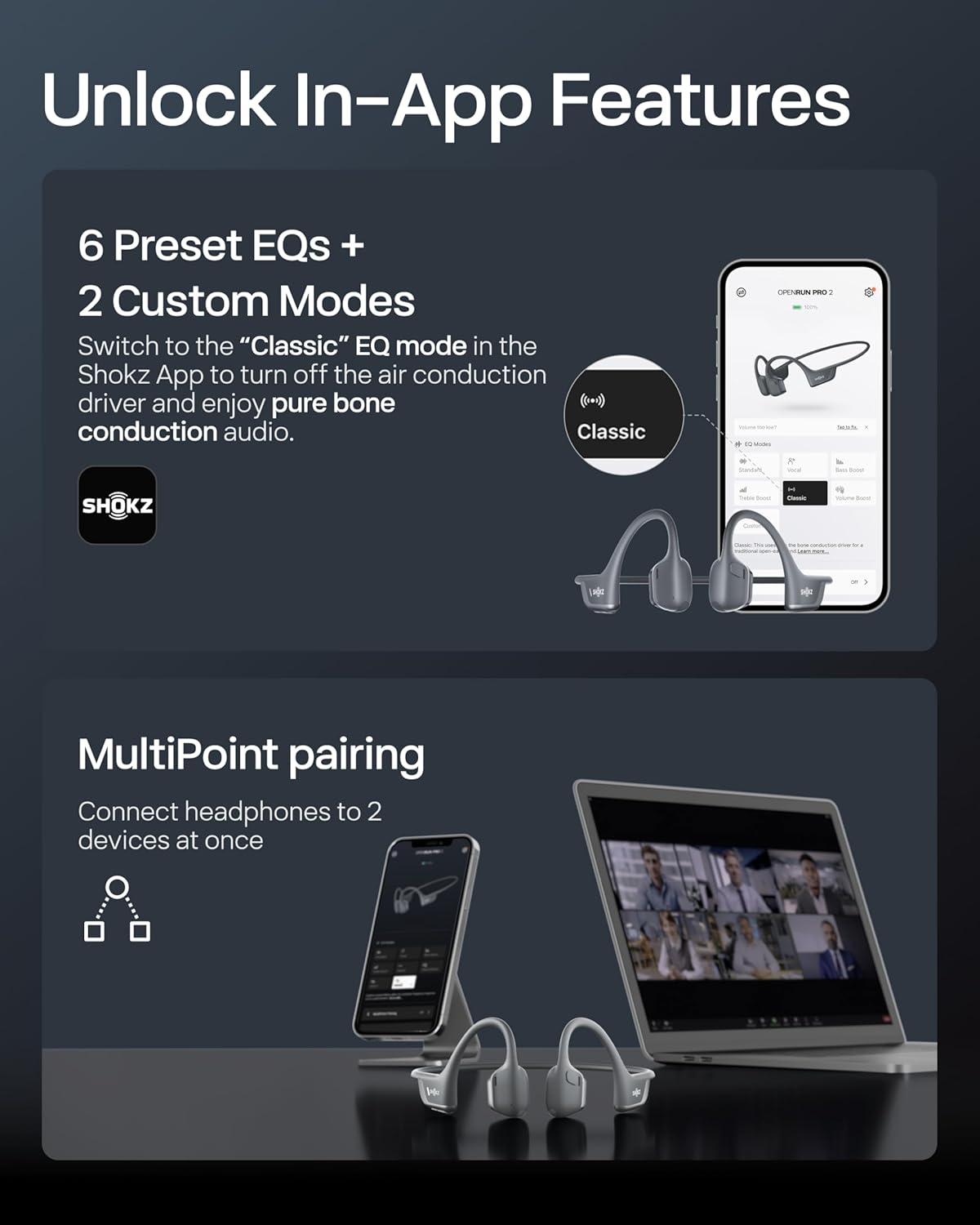 Auriculares deportivos Bluetooth SHOKZ OpenRun Pro 2 de conducción ósea, negro, con tira reflectante; sonido premium DualPitch; percepción del entorno con diseño de oído abierto; micrófono inteligente; IP55; 12h de batería; para correr/ciclismo/senderismo