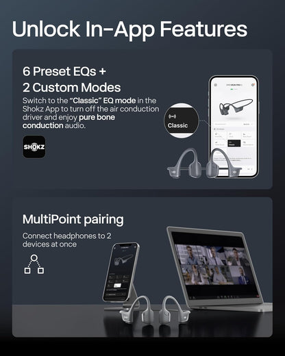 Auriculares deportivos Bluetooth SHOKZ OpenRun Pro 2 de conducción ósea, negro, con tira reflectante; sonido premium DualPitch; percepción del entorno con diseño de oído abierto; micrófono inteligente; IP55; 12h de batería; para correr/ciclismo/senderismo