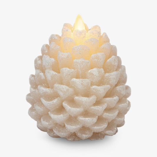 Luminara Pinecone Flameless Candle White Swan Glitter and Snow Finish Pine Cone Figural, Real Wax Unscented LED Candles, Battery Operated with Timer, Holiday Decoration (3.9" x 4.3")