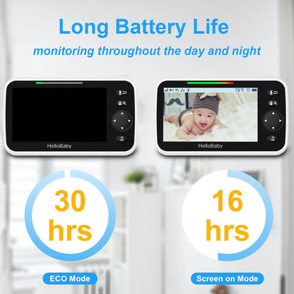 HelloBaby No WiFi Baby Monitor Camera and Audio HB6550, 5" Video Screen Trusted by 10M+ Families, 30H Battery, PTZ, Private No-WiFi, Night Vision, 1000ft, Easy Setup, 2-Way Talk, VOX, Travel Ready