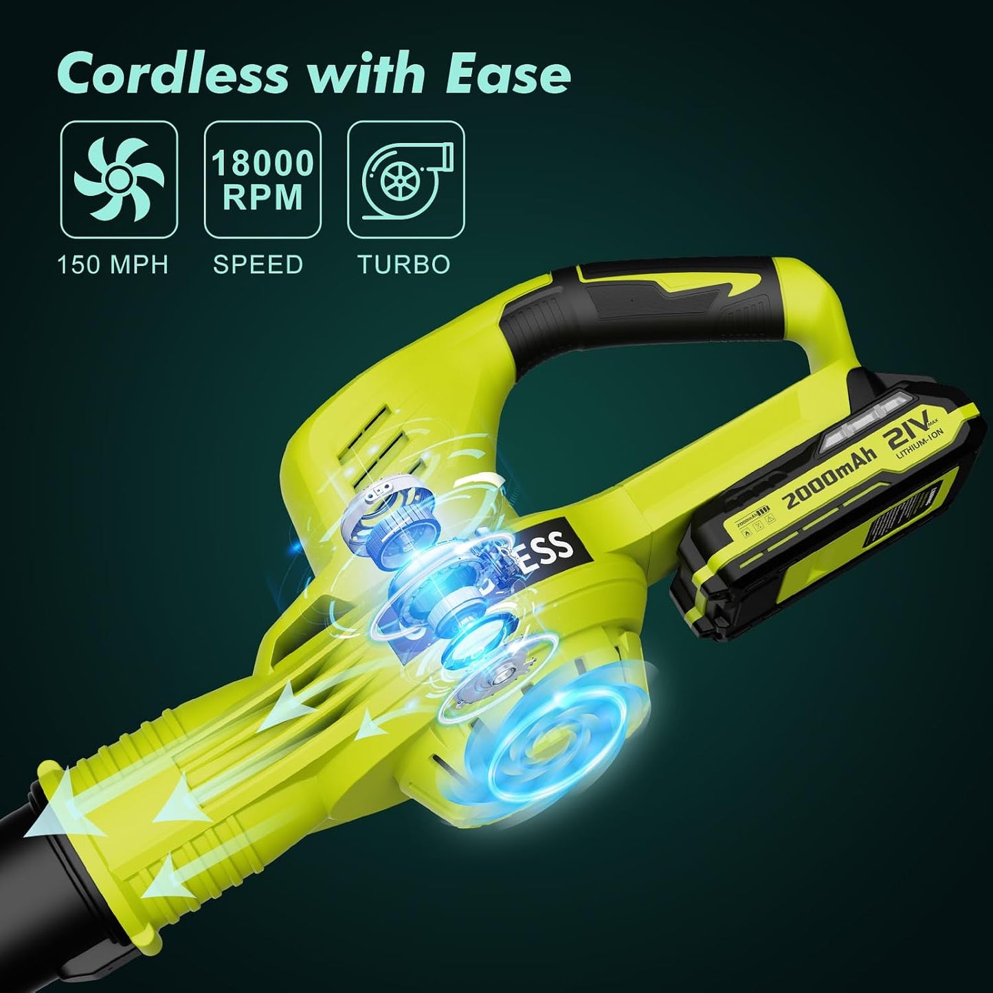 Leaf Blower Cordless 21V Electric with 2 Batteries and Charger Lightweight 2 Speed Mode Powerful Battery Powered Rechargeable Electric Leaf Blowers 2.0Ah Handheld for Lawn Care Yard and Patio Green