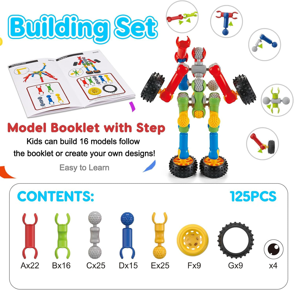 Qirptey 125-Piece STEM Building Toys for Kids Ages 3+, Educational Interlocking Building Blocks with Idea Booklet & Storage Box, Creative Engineering Construction Set
