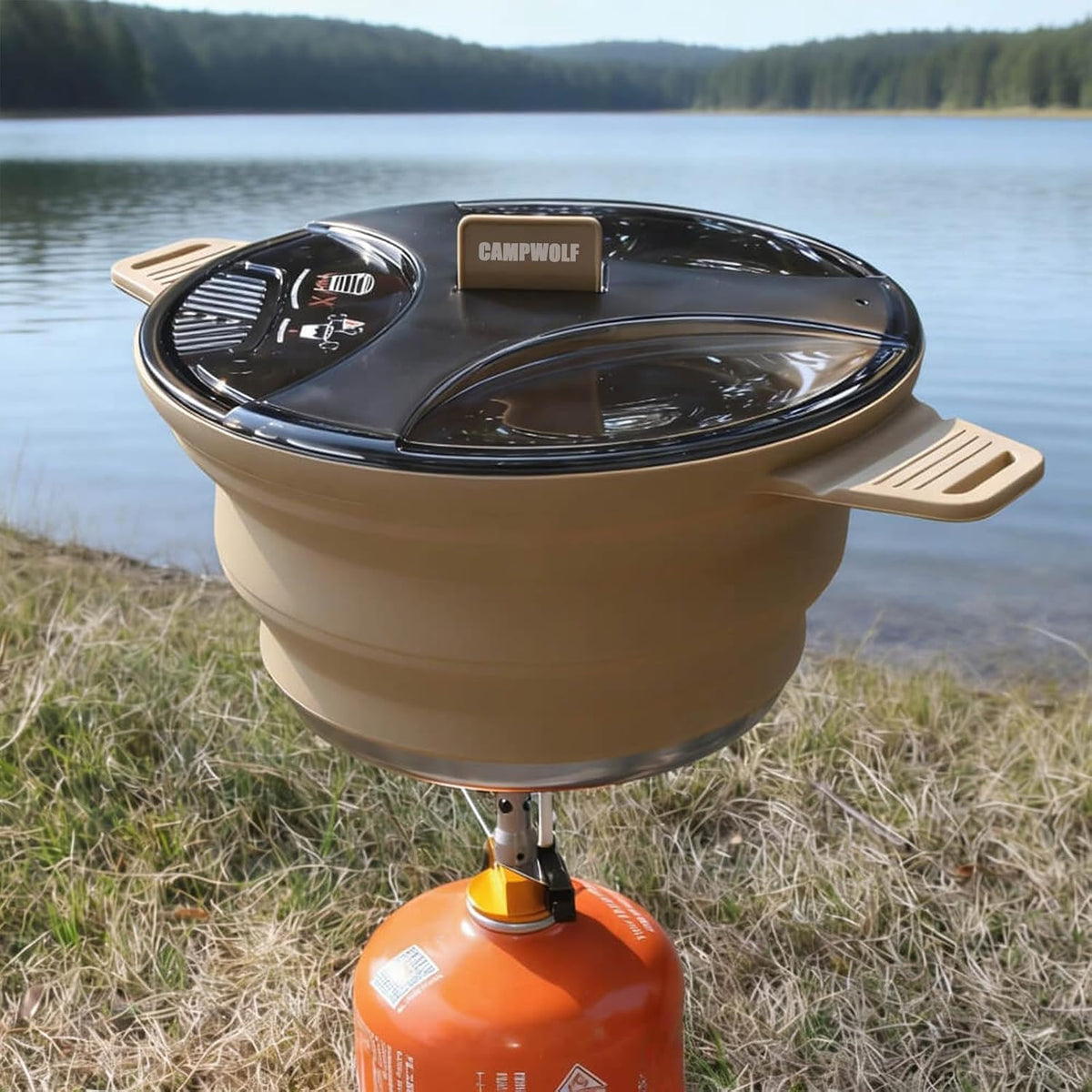 2.5L Collapsible Camping Cook Pot, Khaki Portable Cookware, Outdoor Hiking
