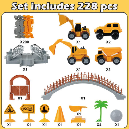 TGJH Construction Race Car Track Set for Kids, 220+ Piece Flexible Engineering Toy with 2 Electric Cars and 3 Construction Trucks, DIY Building Track Playset for Ages 3–7
