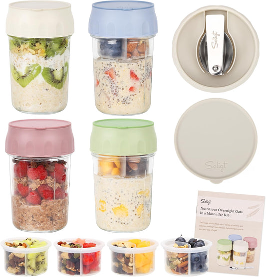 SOLIGT Overnight Oats Containers, 4-Pack 16oz Meal Prep Glass Jars with Lids, Folding Spoons & Divided Fruit and Nut Compartments, Leakproof Reusable Food Storage Set