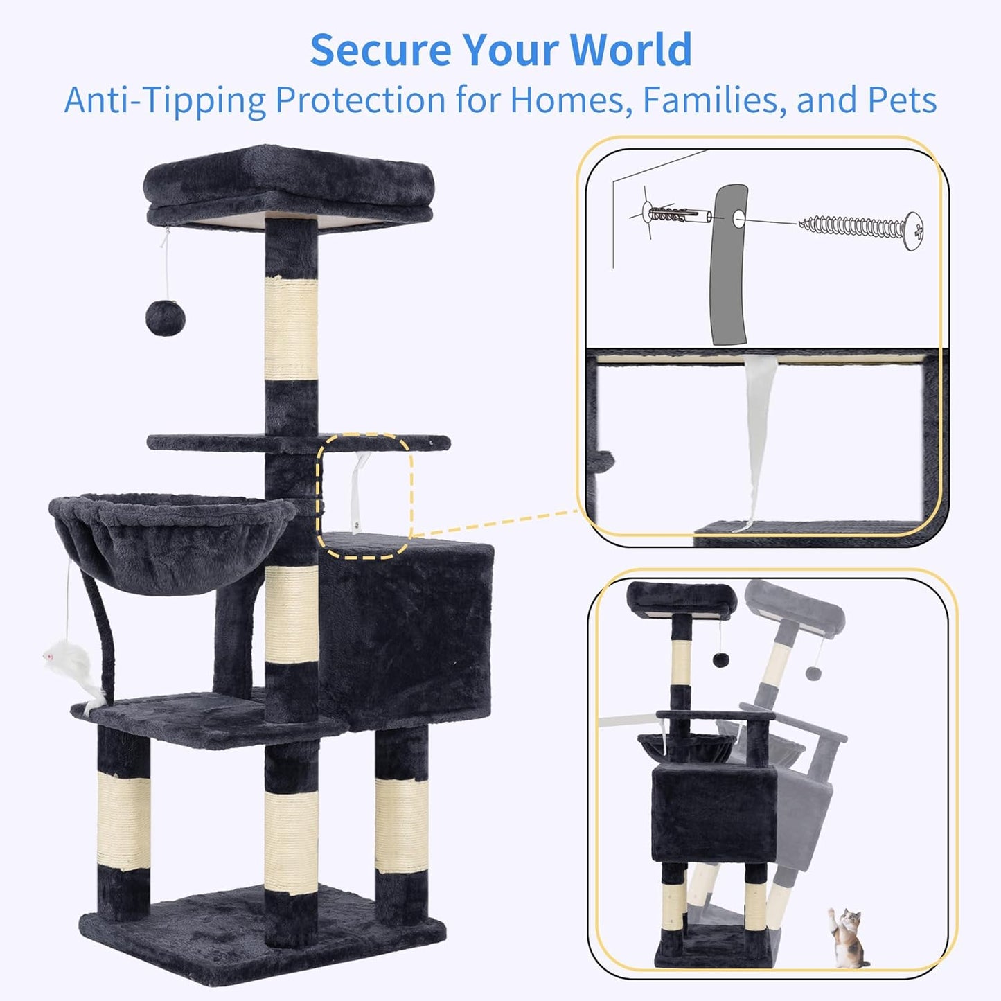 Heybly Cat Tree, 43.3-Inch Cat Tower for Indoor Cats, 4-Level Cat Condo with Basket, Top Perch, Scratching Posts & Toys, Smoky Gray
