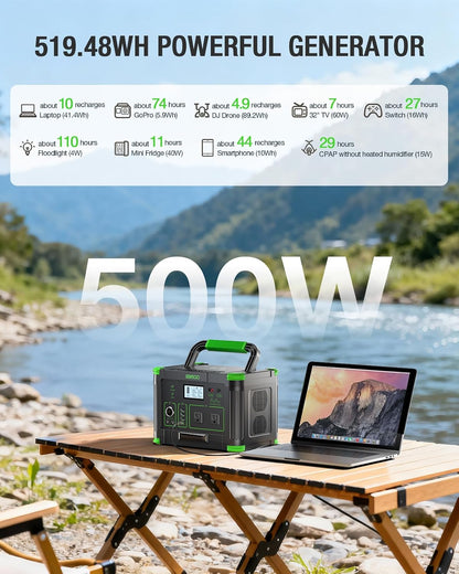 Portable Power Station 500W, 519.48Wh/140400mAh Solar Generator Backup Lithium Battery Pack Power Supply with 2 AC Outlets, PD 60W USB-C Power Bank for Outdoor RV Camping, Home Outage, Emergency