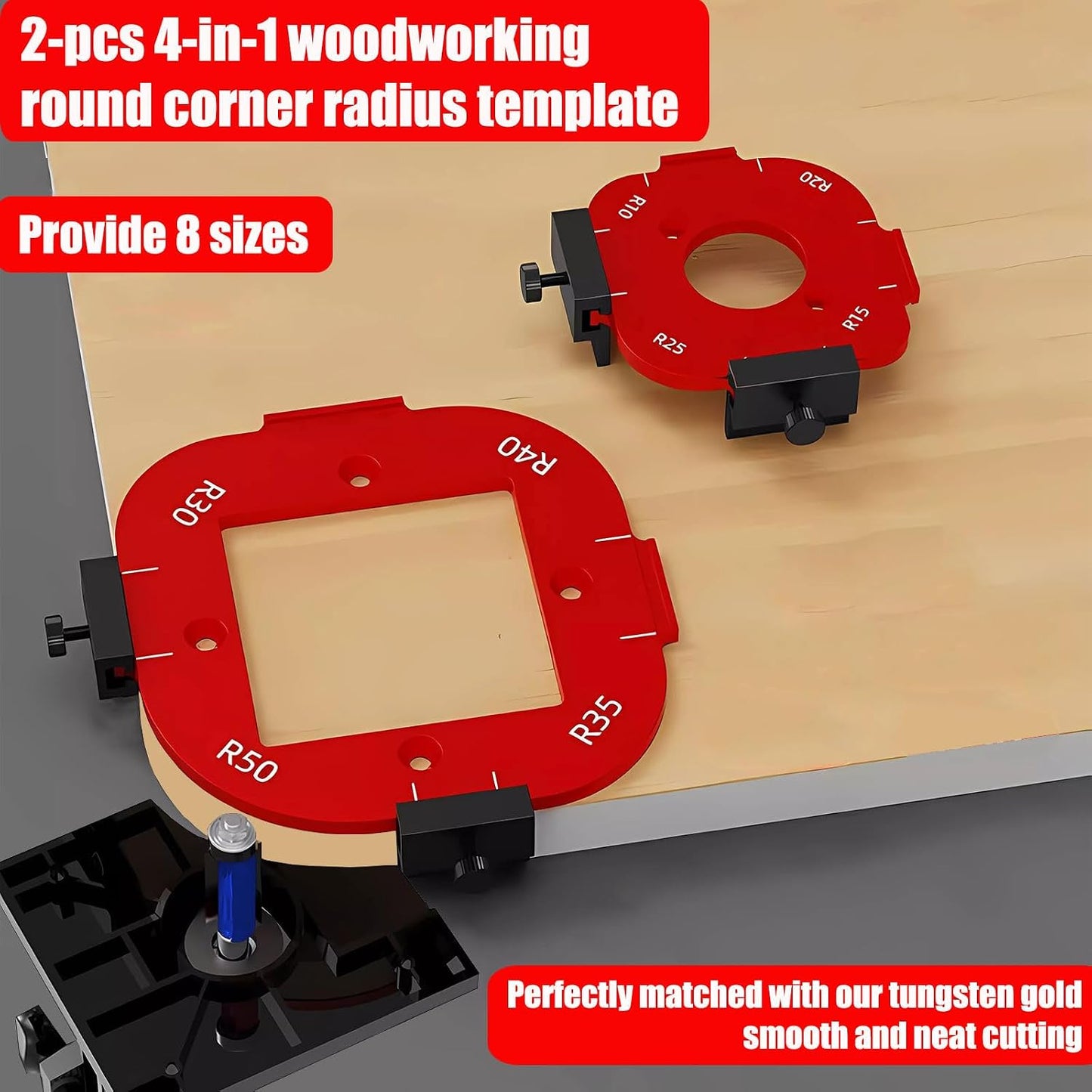 Lightdream 2-Piece 4-in-1 Rounded Corner Router Template, Aluminum Alloy Edge Guide Radius Template with 4 Tungsten Steel Milling Cutters, 8 Radius Sizes for Woodworking & DIY Projects