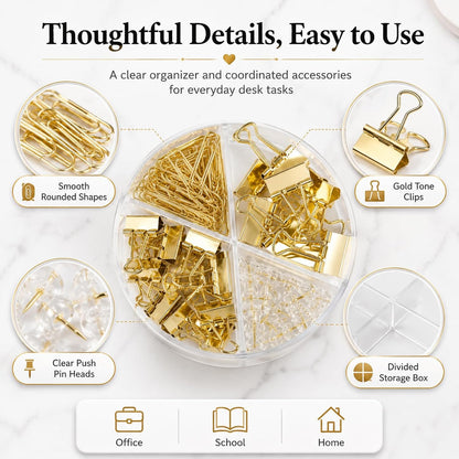 CREECHWA Paper Clips Binder Clips and Push Pin Set, 72-Piece Assorted Size Desk Organizer Kit, Gold