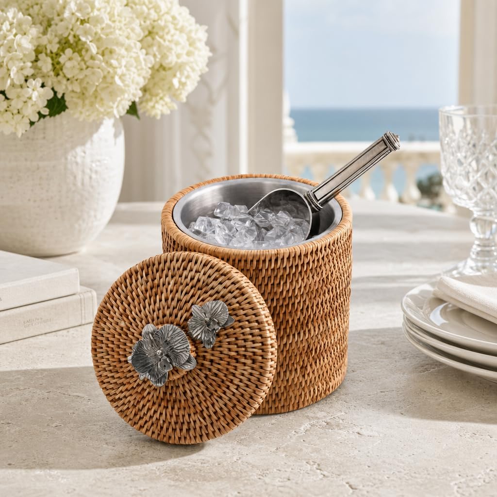 Vagabond House Wicker Ice Bucket with Pewter Orchid Knob, Stainless Steel Lined Rattan Champagne Holder, 8-Inch