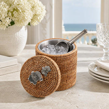 Vagabond House Wicker Ice Bucket with Pewter Orchid Knob, Stainless Steel Lined Rattan Champagne Holder, 8-Inch