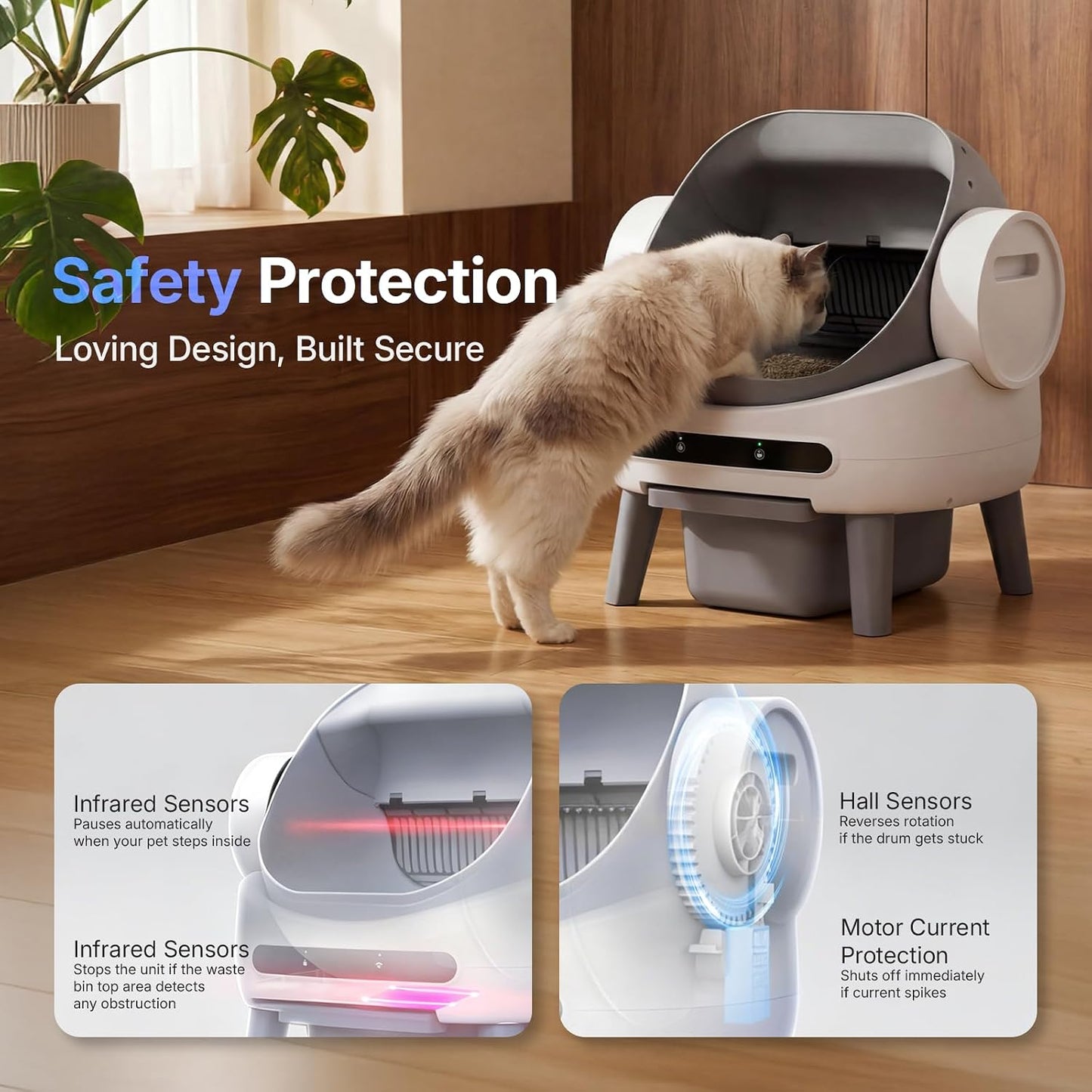 Self Cleaning Litter Box, Automatic Litter Box for Multiple Cats Open-Top Automatic Litter Box with Safety Sensors, 8L Large Waste Drawer, Includes Waste Bag and Odor Eliminator, White