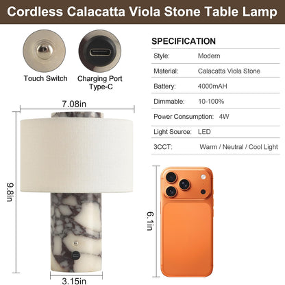 HyperionFlo Essentials Calacatta Viola Stone Cordless Table Lamp, Rechargeable 4000mAh LED Touch Lamp, 3 Color Temperatures, Dimmable, Off-White Linen Shade