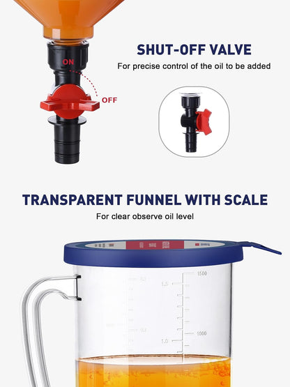 SMART JERRY Engine Oil Funnel Kit, Spill-Proof Oil Change Funnel with 12 Adapters, 1.6-Quart Capacity, Flow Control Valve, Magnetic Organizer Boards & 45° Elbows
