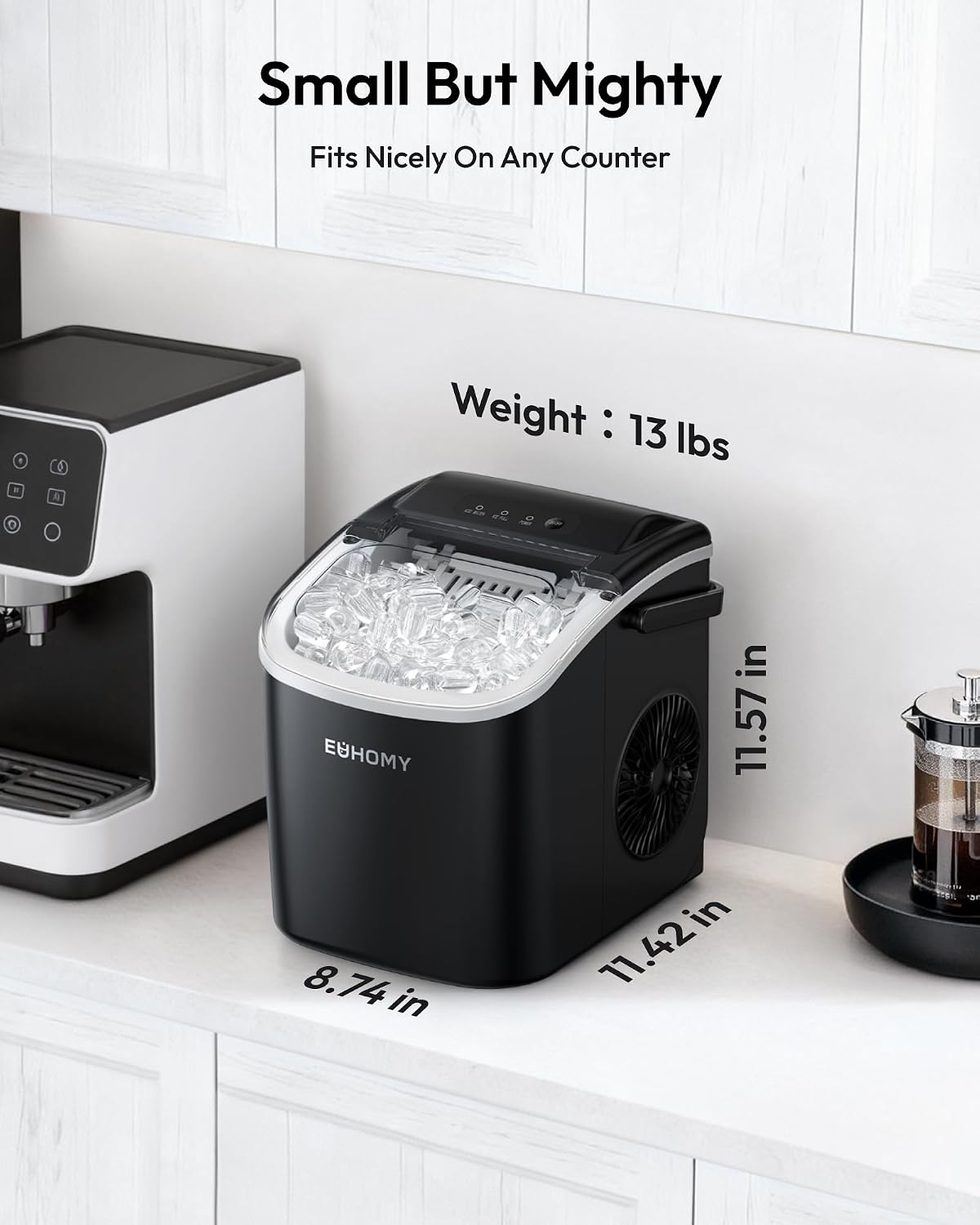 EUHOMY Countertop Ice Maker Machine with Handle, 26lbs in 24Hrs, 9 Ice Cubes Ready in 6 Mins, Auto-Cleaning Portable Ice Maker with Basket and Scoop, for Home/Kitchen/Camping/RV. (Black)