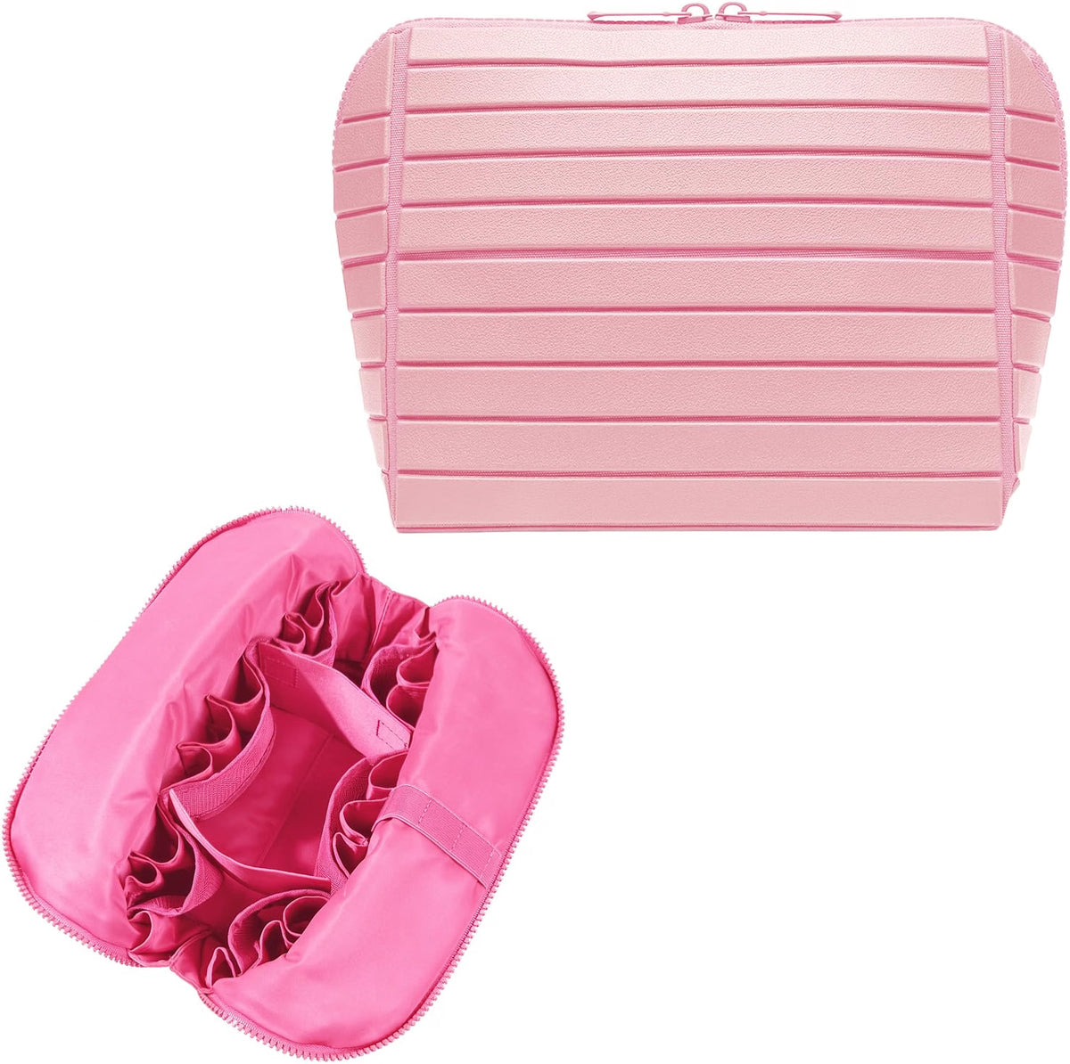 HyperionFlo Essentials Travel Makeup Organizer Bag, Fold-Down Cosmetic Organizer with Adjustable Dividers, 27 Pockets & 3 Brush Holders, Large Capacity Toiletry Case, Pink