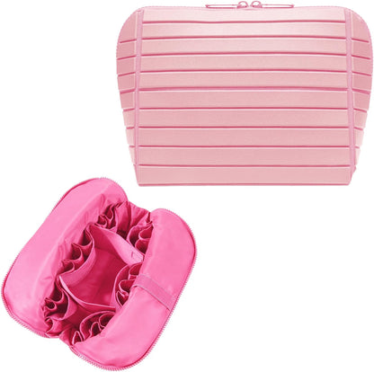 HyperionFlo Essentials Travel Makeup Organizer Bag, Fold-Down Cosmetic Organizer with Adjustable Dividers, 27 Pockets & 3 Brush Holders, Large Capacity Toiletry Case, Pink