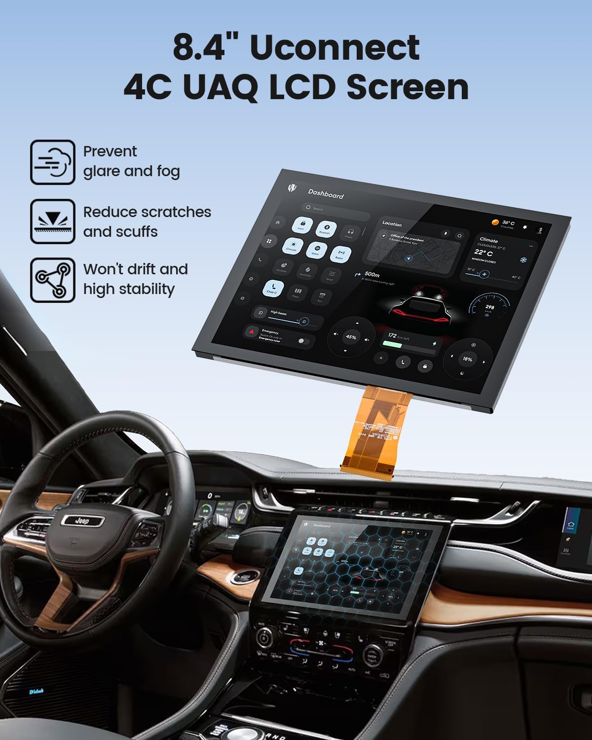 8.4" Uconnect 4C UAQ LCD Monitor Touch Screen Radio Navigation New OEM Replacement Screen Fit for Dodge Challenger/Durango/Jeep Wrangler/Compass/Gladiator/Chrysler 2017-2021
