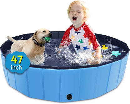 Foldable Dog Pool 47" x 47" x 12", Collapsible Pet Swimming Pool with Hard Plastic Support, Non-Slip Dog Bath Tub for Outdoor Backyard, Blue