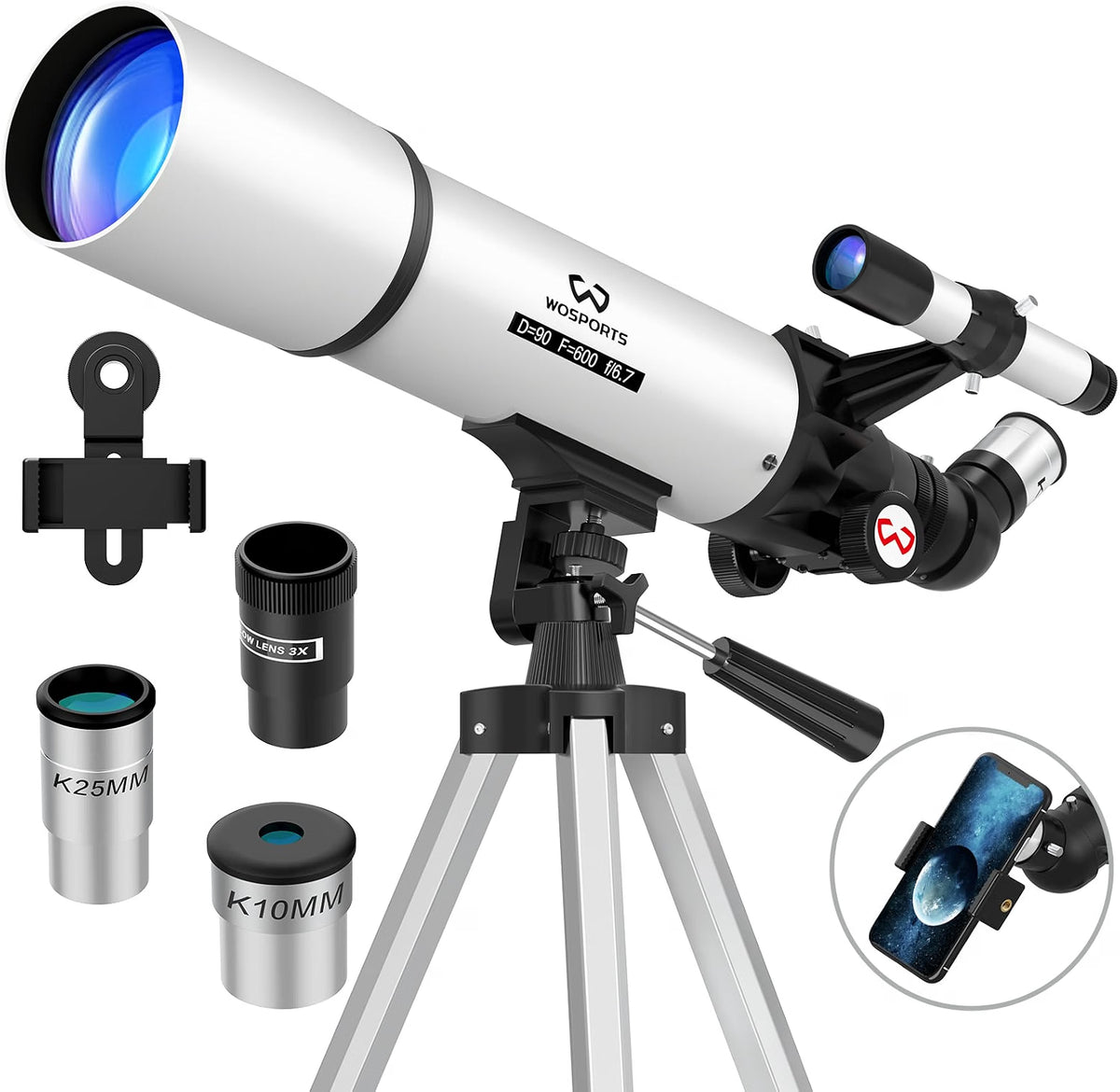 WOSPORTS 90mm Telescope for Adults & Beginners, 600mm Refractor Telescope with 180X Magnification, 10mm & 25mm Eyepieces, Adjustable Tripod, Phone Adapter & Carrying Case