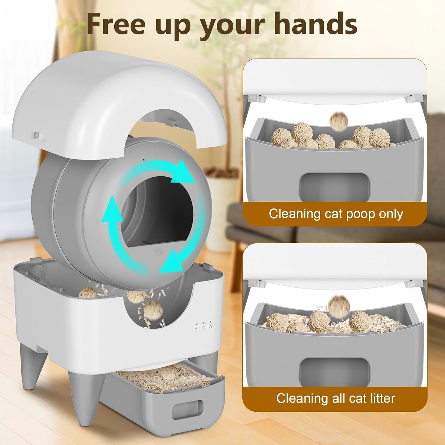 Fumoi Automatic Litter Box with App Control, Safety Sensor, Washable Litter Trays, 95L Large Capacity, White & Grey