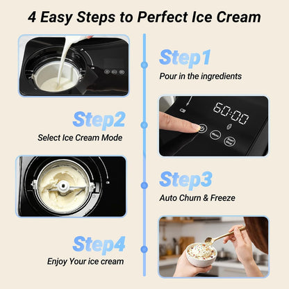 Inoviva Ice Cream Maker Automatic 1.7 Pt, No Pre-Freezing,Built-In Compressor, Digital Display & Timer,3 Presets, Makes ice cream, Gelato, Perfect for home & party, IM001