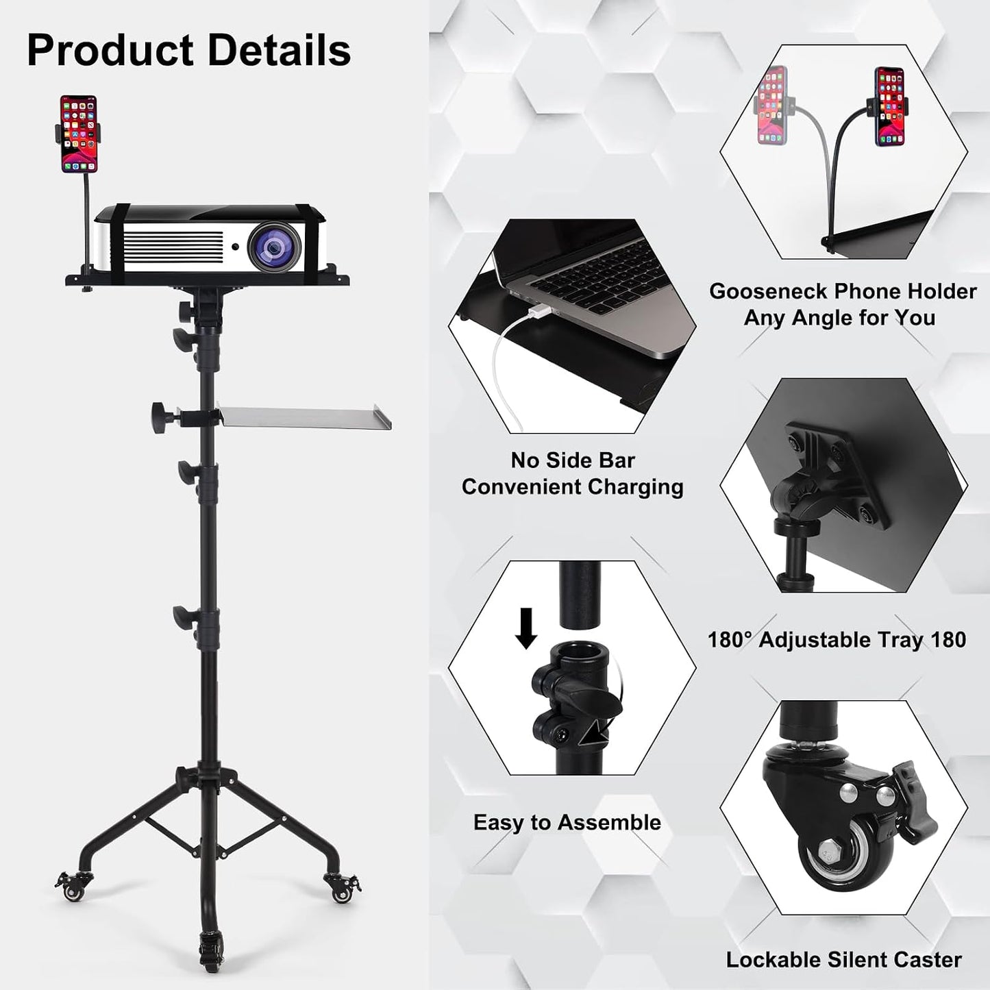 Tossbiss Laptop Tripod on Wheels with 2 Shelves Portable Projector Floor Stand Adjustable Height 25.9 to 51.8 Inch with Phone Holder, Projector Stand