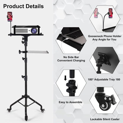 Tossbiss Laptop Tripod on Wheels with 2 Shelves Portable Projector Floor Stand Adjustable Height 25.9 to 51.8 Inch with Phone Holder, Projector Stand