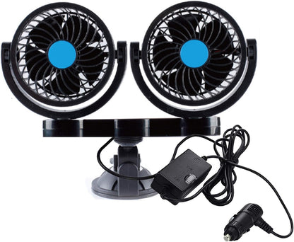 PME 12V Dual-Head Powerful Auto Fan | 2-Speed Car Fan with 360° Adjustable Heads, Suction Cup Mount & Cigarette Lighter Connector