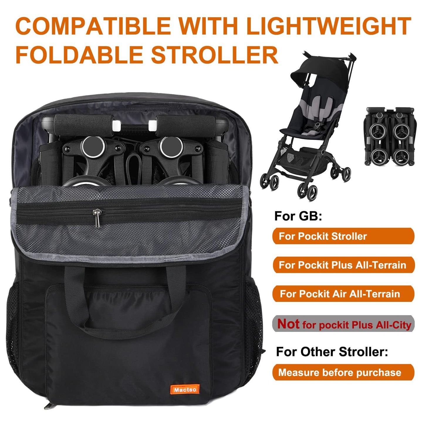 Mactso Stroller Travel Bag Compatible with GB Pockit and GB Pockit Plus All-Terrain, Lightweight Stroller Travel Backpack for Airplane, Water-Resistant Nylon, Black, Medium
