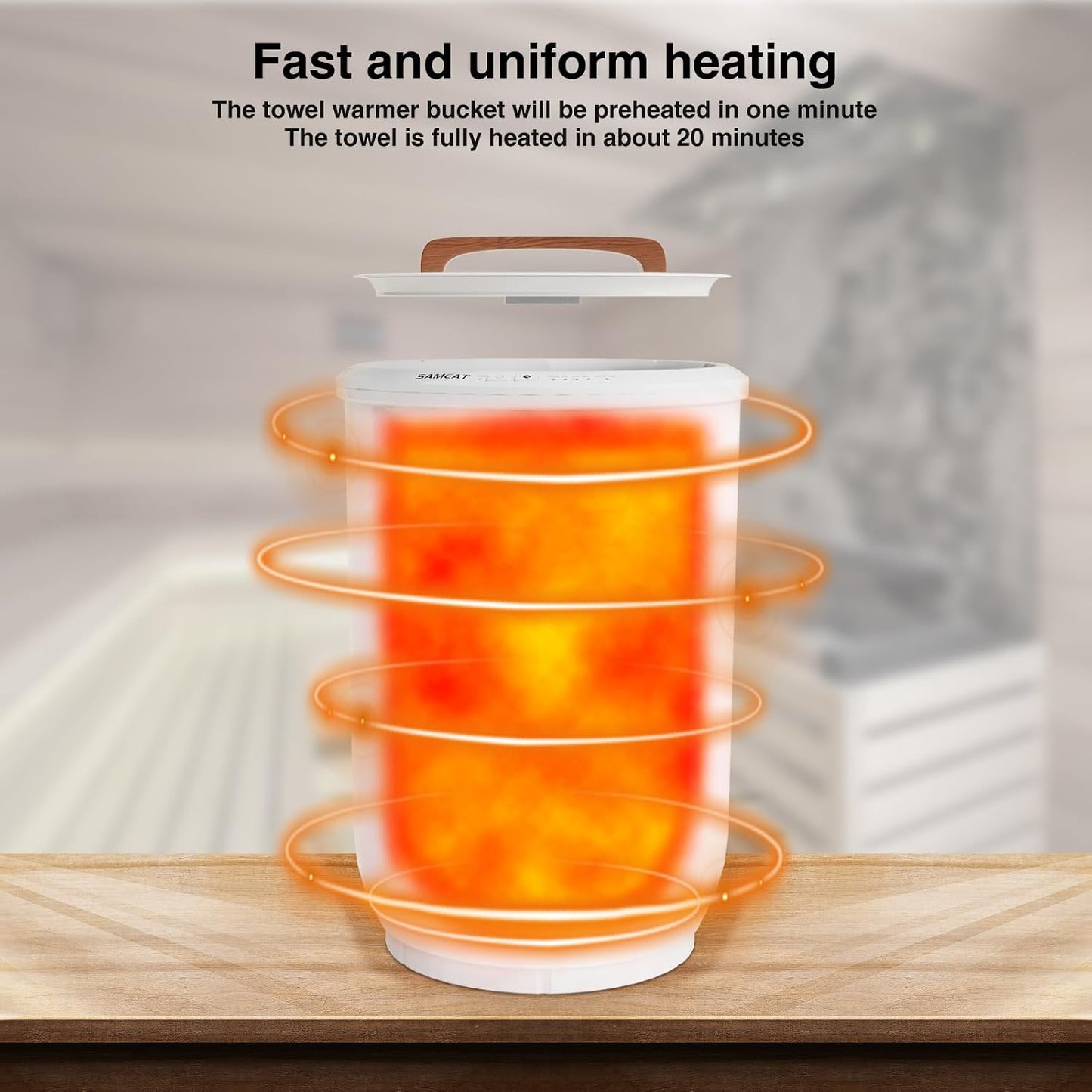 SAMEAT Heated Towel Warmers for Bathroom - Large Towel Warmer Bucket, Wood Handle, Auto Shut Off, Fits Up to Two 40"X70" Oversized Towels, White