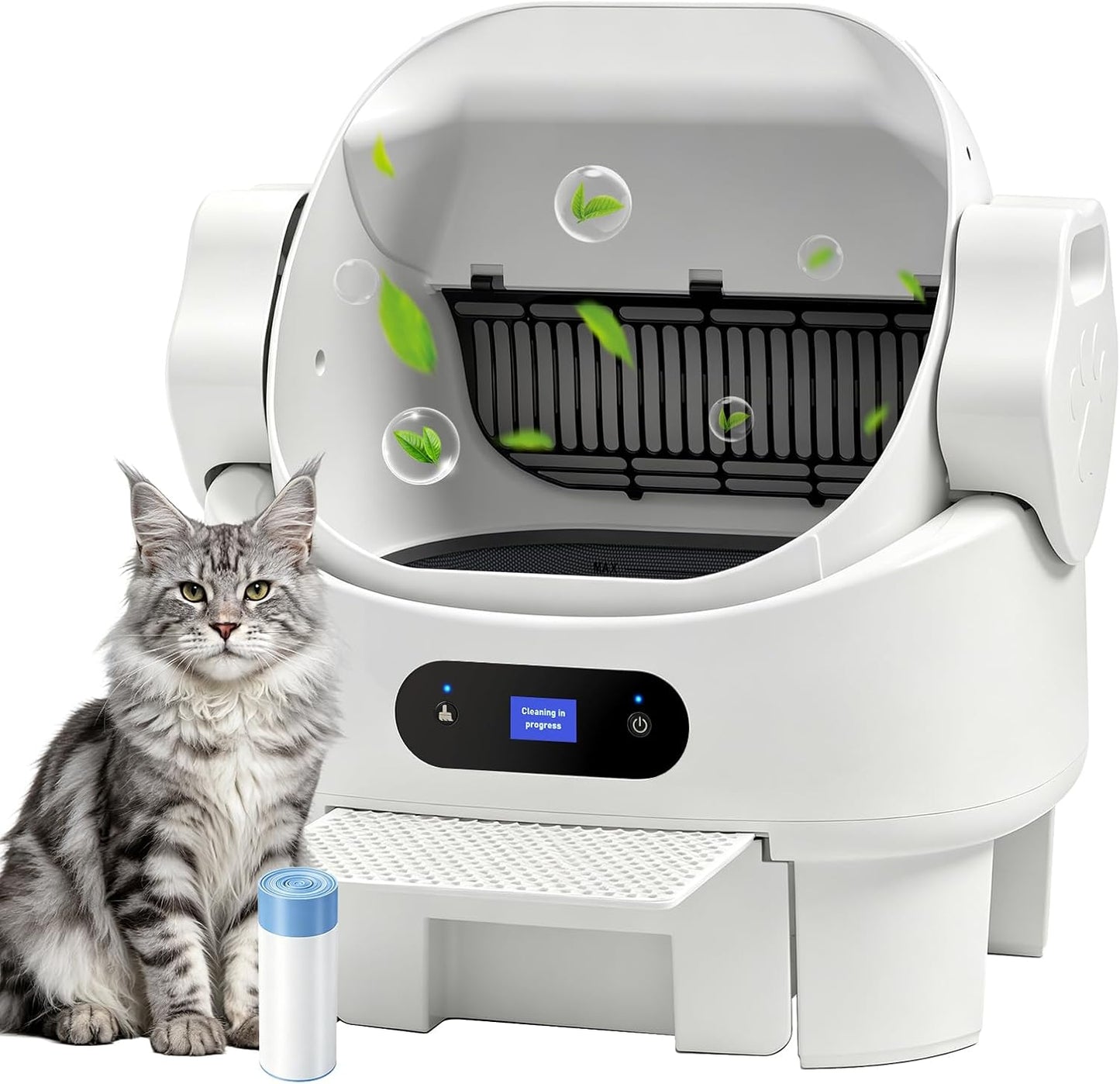 Self Cleaning Auto Litter Box Enclosure, Open-Top, Multiple Cats Safety Sensor Protection, Large Bin, Ultra Quiet, Easy Setup, Convenient Cleaning,Odor Control, Include Waste Bag, White