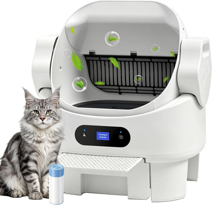 Self Cleaning Auto Litter Box Enclosure, Open-Top, Multiple Cats Safety Sensor Protection, Large Bin, Ultra Quiet, Easy Setup, Convenient Cleaning,Odor Control, Include Waste Bag, White