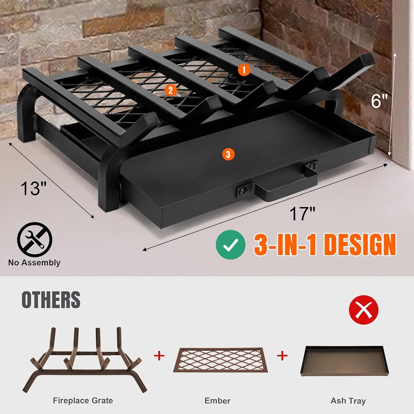 17 Inch Fireplace Grate with Ember & Ash Trays Pan Wood Stove Log Grates Set, Heavy Duty, Rack Holder Pit, Indoor Outdoor, Chimney Hearth