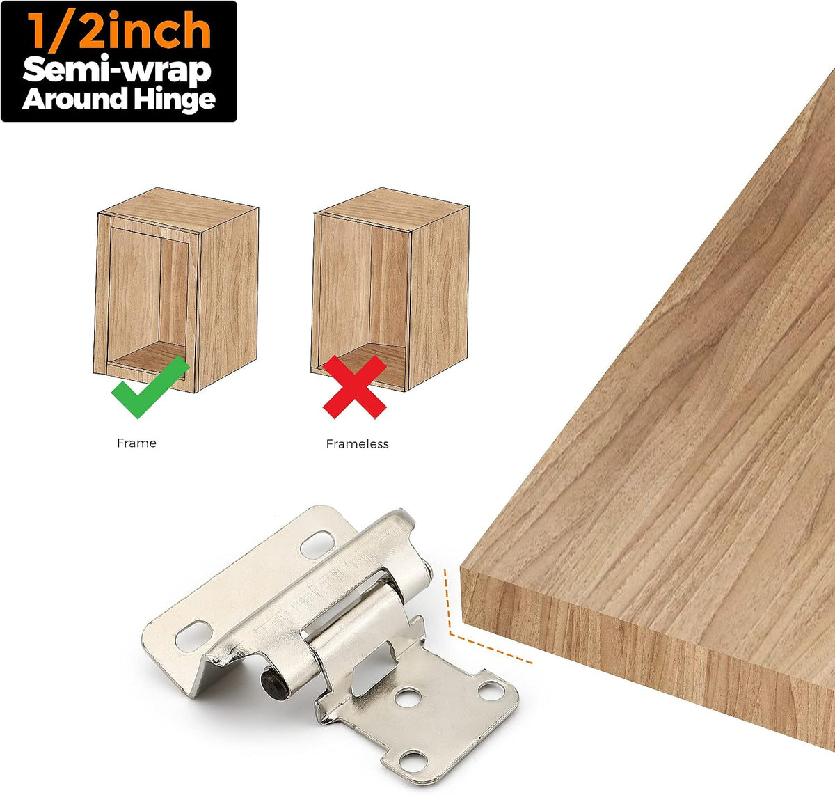 Ravinte Satin Nickel Kitchen Cabinet Hinges, Semi Wrap 1/2" Overlay,60 Pack Self-Closing Design,Semi Wrap Around Hinge,for Face Frame Cupboard, Silver Face Mount Cabinet Hardware,with Screwdriver