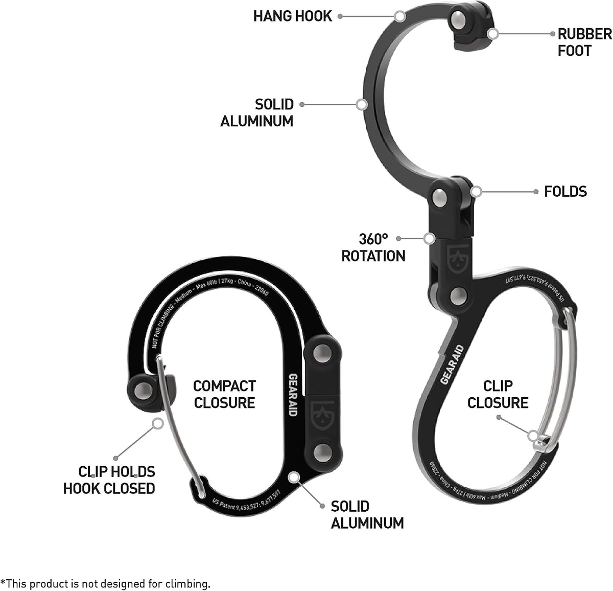 GEAR AID HEROCLIP Medium Carabiner Gear Clip & Hook for Camping & Travel Rotating gear clip and hook keeps backpacks, camping gear, water bottles and travel bags off the ground and within reach.