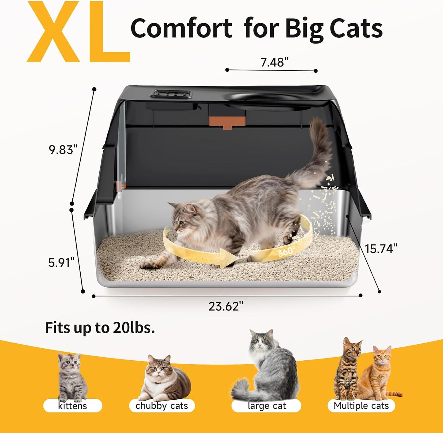 TEVILA XL Enclosed Stainless Steel Litter Box with Lid, Black, High-Sided Cat Litter Box with Scoop, Step & Mat, X-Large