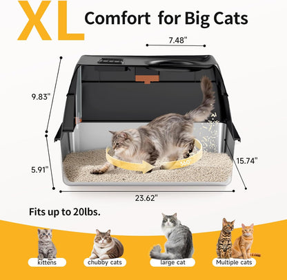 TEVILA XL Enclosed Stainless Steel Litter Box with Lid, Black, High-Sided Cat Litter Box with Scoop, Step & Mat, X-Large