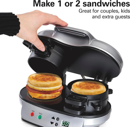 Hamilton Beach Dual Breakfast Sandwich Maker with Egg Cooker Rings & Timer Perfect for English Muffins, Croissants, Mini Waffles | Customizable & Fast |PFAS-Free | Silver | 25490MNA
