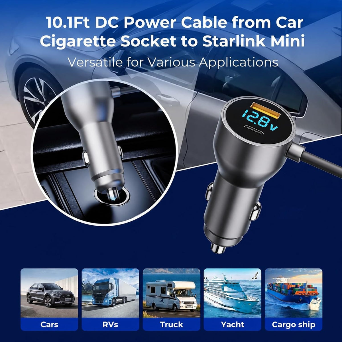 Starlink Mini Cable,Starlink Mini Accessories Car Charger, 3-in-1 DC Power Cable with 12V-48V Cigarette Lighter Adapter,PD 30W + USB-A 30W + DC 72W Car Power Supply for Trucks, RVs, Boats(9.9Ft)