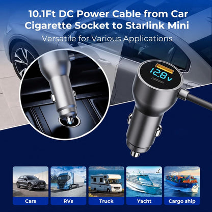 Starlink Mini Cable,Starlink Mini Accessories Car Charger, 3-in-1 DC Power Cable with 12V-48V Cigarette Lighter Adapter,PD 30W + USB-A 30W + DC 72W Car Power Supply for Trucks, RVs, Boats(9.9Ft)