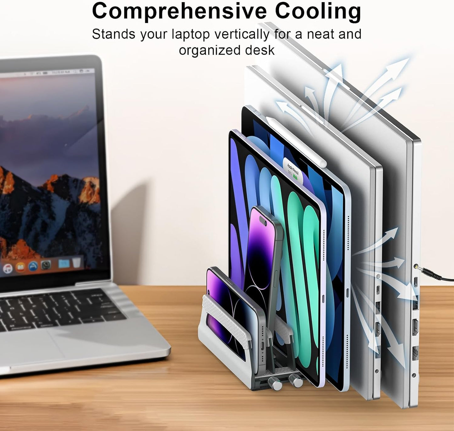 Elestoria 6-Slot Vertical Laptop Stand & Holder –Adjustable Aluminum Laptop Stand Vertical for Desk Fits 6 Devices, MacBook & Gaming Laptops (Up to 17.3”)–Space Saving Laptop Storage Rack - Grey