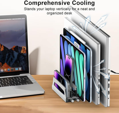 Elestoria 6-Slot Vertical Laptop Stand & Holder –Adjustable Aluminum Laptop Stand Vertical for Desk Fits 6 Devices, MacBook & Gaming Laptops (Up to 17.3”)–Space Saving Laptop Storage Rack - Grey