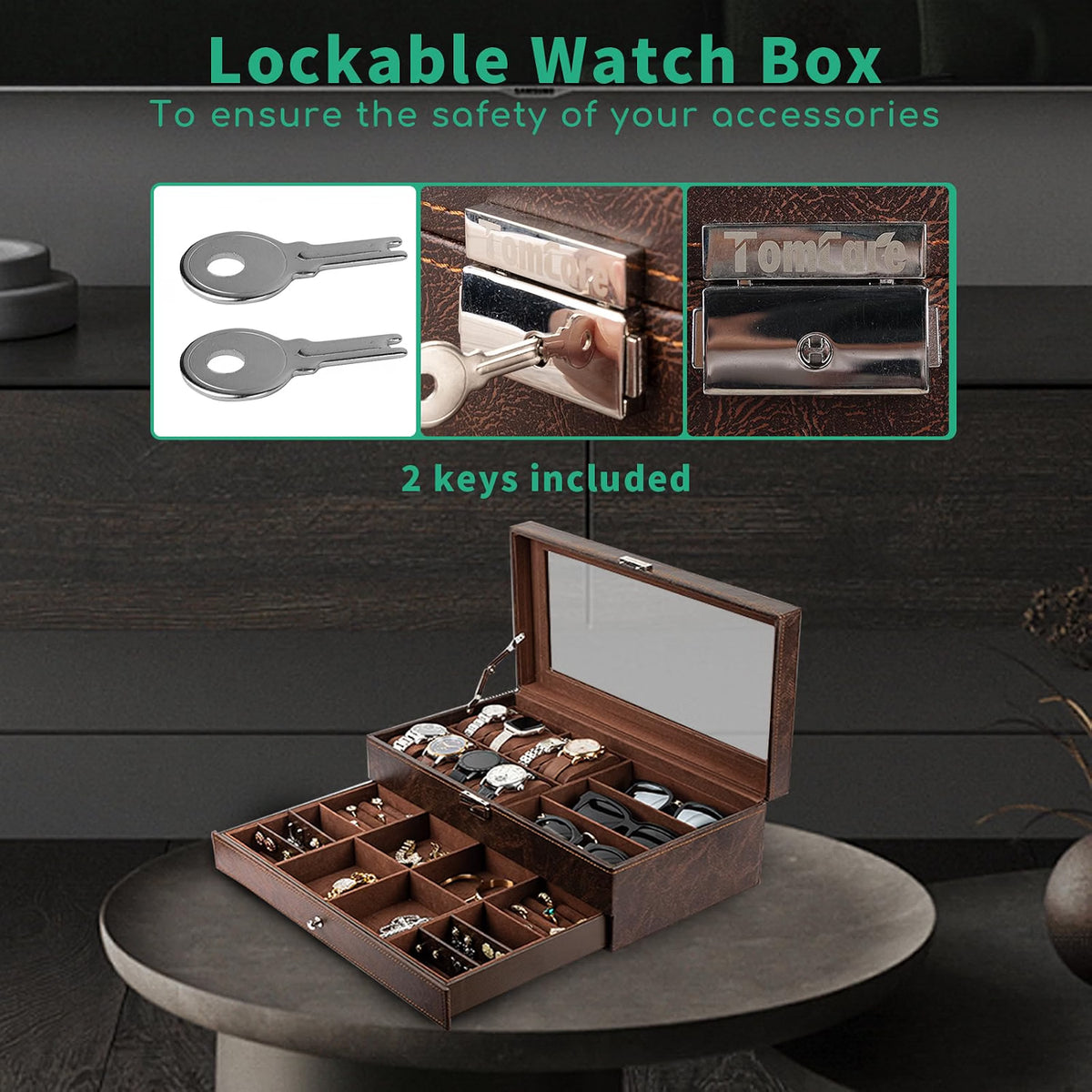 TomCare 2-Tier Watch Box, Large Watch & Jewelry Organizer with Glass Lid, Lockable Display Case with 8 Watch Slots, Glasses & Jewelry Compartments, Brown