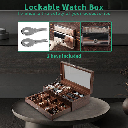 TomCare 2-Tier Watch Box, Large Watch & Jewelry Organizer with Glass Lid, Lockable Display Case with 8 Watch Slots, Glasses & Jewelry Compartments, Brown